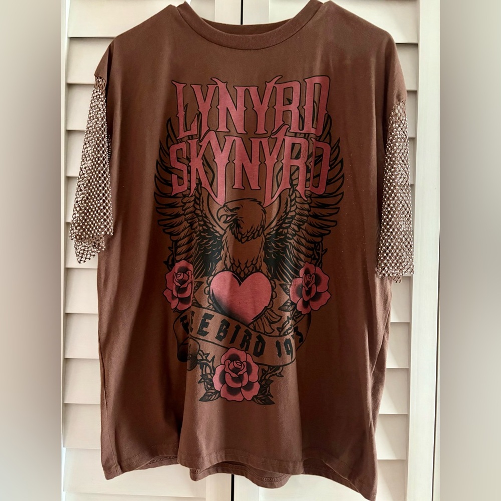 Lynyrd Skynyrd Free Bird Brown Tee Rhinestone Mesh Sleeves T-shirt Size Medium